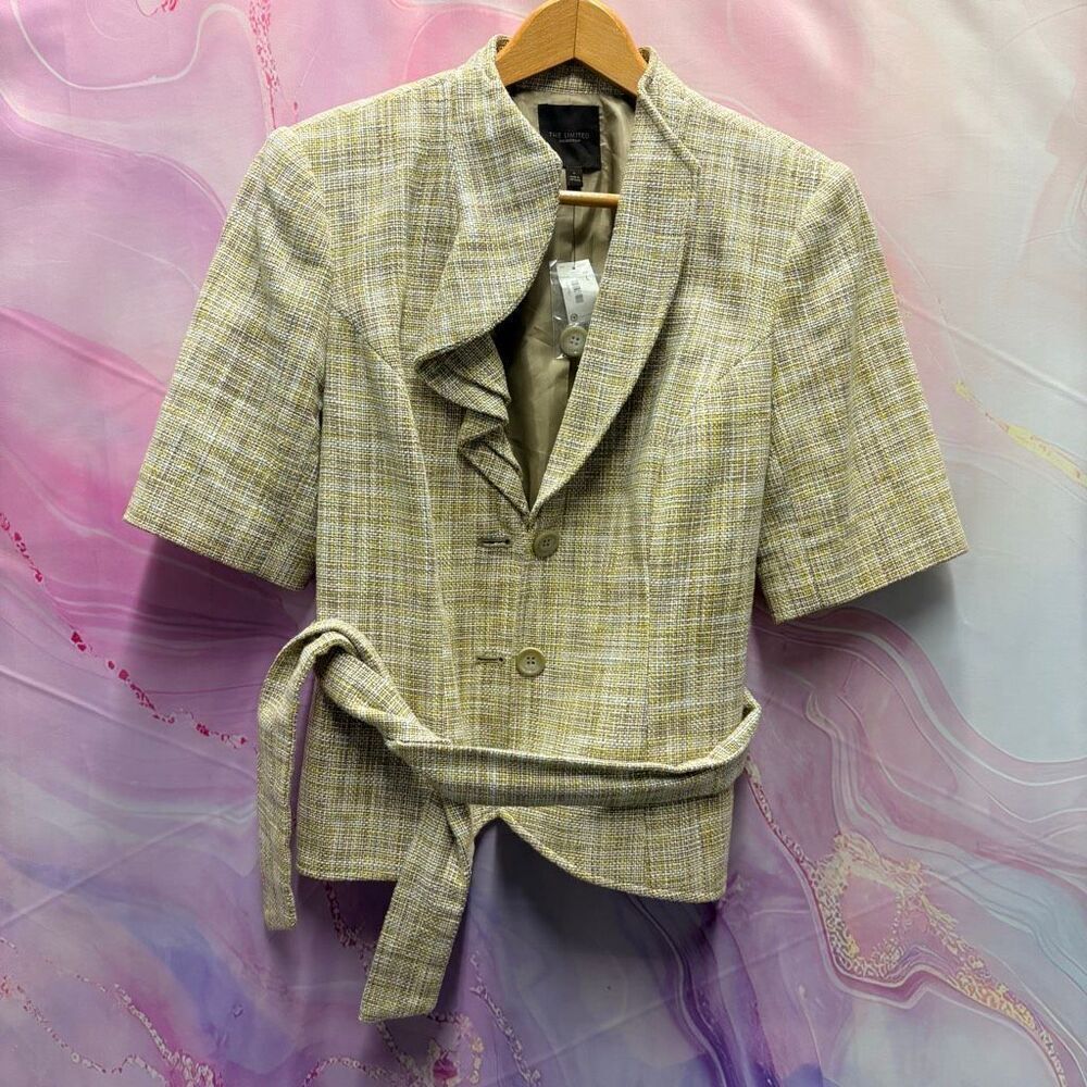 The Limited L Chenille Tweed Yellow Short Sleeve Blazer Jacket Girl Boss Preppy